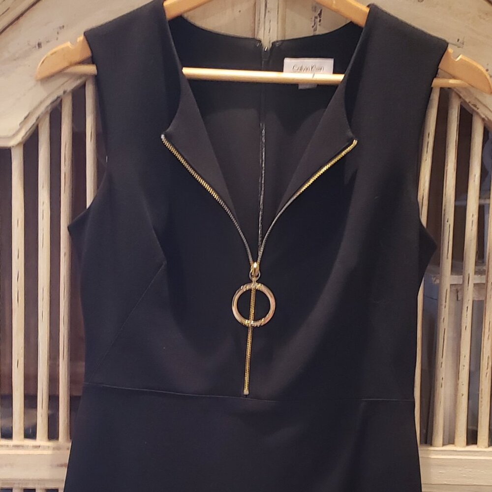 Calvin Klein Classic Little Black Dress with Front Gold Zipper Ring